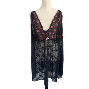 Cacique No-Wire Babydoll Chemise Womens 30/32 Black Lace G-String NWOT